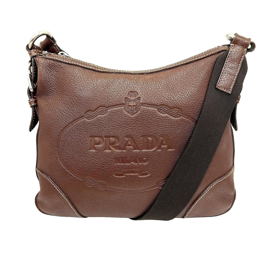 PRADA Jacquard Logo Shoulder Bag Leather Brown